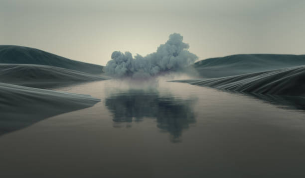 istock Abstract landscape with a cloud above a lake. Dreaming and freedom concept. 1572188955