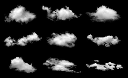 White clouds or fog for design isolated on black background.