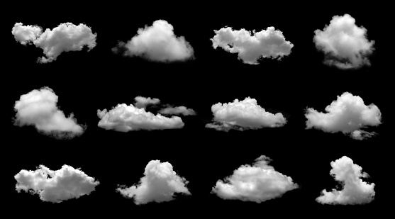 Set of abstract white clouds or fog. Black background.