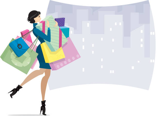 weibliche shopper in der stadt oder kaufsucht - shopping christmas women retail stock-grafiken, -clipart, -cartoons und -symbole