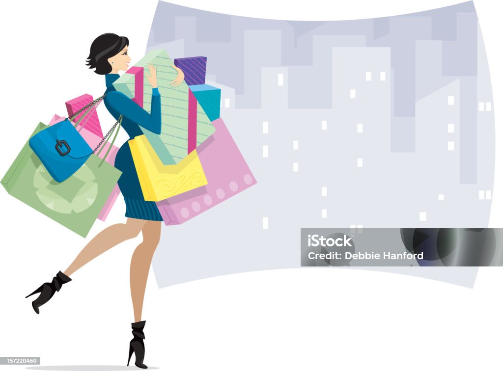 Mulheres compras na cidade ou Viciado em compras - Royalty-free Fazer Compras arte vetorial