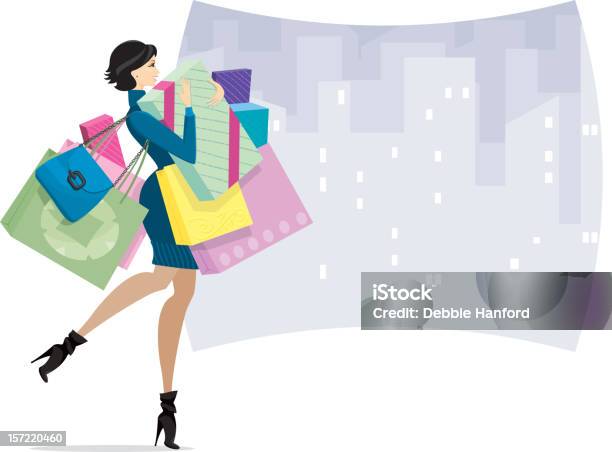 Mulheres Compras Na Cidade Ou Viciado Em Compras - Arte vetorial de stock e mais imagens de Fazer Compras - Fazer Compras, Mulheres, Comércio - Consumismo