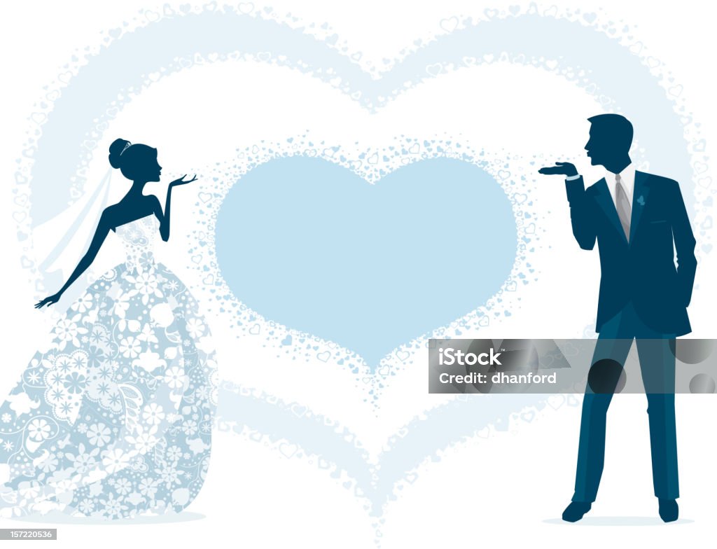 Bride and Groom Silhouette Blowing Kisses Bride and groom blowing kisses to each other. The blown hearts for a bigger heart for your message. Bride is wearing beautiful ball gown style wedding dress. This illustration is uses no gradients. Bride stock vector