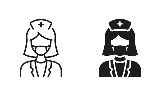 Female Dentist Symbol. Surgeon Sign. Physician, Orthodontist, Endodontist Black Pictogram Collection. Dental Doctor Woman in Face Mask Silhouette and Line Icon Set. Isolated Vector Illustration.
