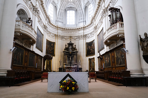 Interior view of Saint Aubin's Cathedral which is a Roman Catholic cathedral in Namur, Belgium on July 22, 2023.