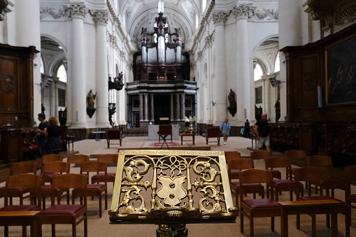 Interior view of Saint Aubin's Cathedral which is a Roman Catholic cathedral in Namur, Belgium on July 22, 2023.