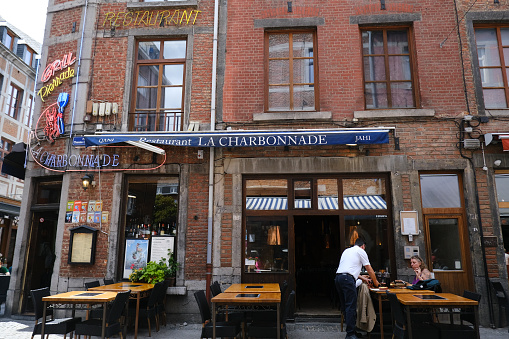 Restaurants and cafe in the city center of Namur in Belgium on July 22, 2023.