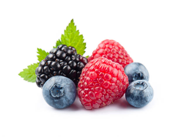 istock Sweet berries on white backgrounds. Raspberry, blueberries and blackberry on white bgackgrounds. 1572225537