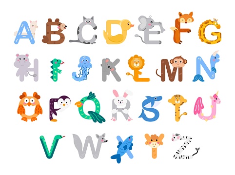 Zoo alphabet. Animal alphabet. Letters from A to Z. Cartoon cute animals isolated on white background. Different animals. Learn letters with funny animals, zoo ABC and English alphabet for kids. Vector icons illustration set