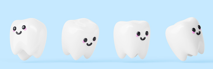 Teeth cartoon kawaii characters, baby tooth with smile 3d render icons set. Dental hygiene and care, oral health. Happy healthy dents for children dentistry clinic on blue background. 3D illustration
