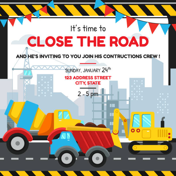 Construction Themed Party Invitation Card Vector Illustration vector art illustration