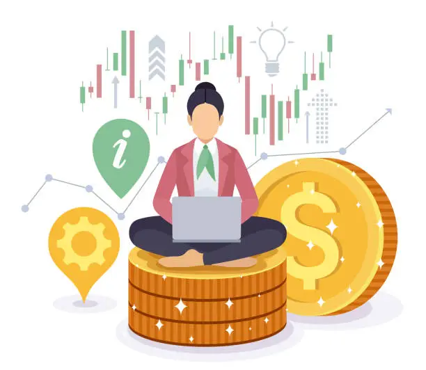 Vector illustration of Businesswoman. Trader Character sitting on golden stacks coin with laptop and trading graph diagram. Trader Working on Laptop. Financial analyst.