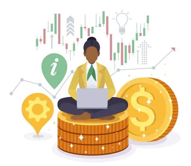 Vector illustration of African American Businesswoman Character sitting on golden stacks coin with laptop and trading graph diagram. Trader Working on Laptop. Financial analyst.