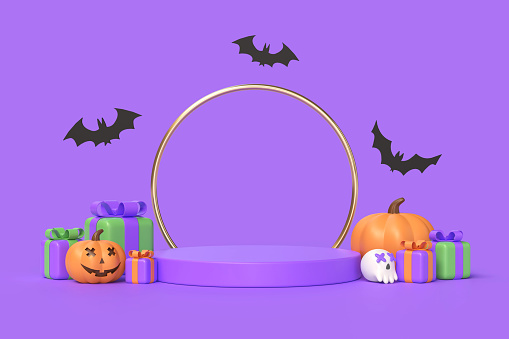 Happy Halloween background. Realistic 3d design podium, round studio. Orange pumpkins, face emotions and gift boxes, scary smile. Bat. Creative banner, web poster.3d rendering