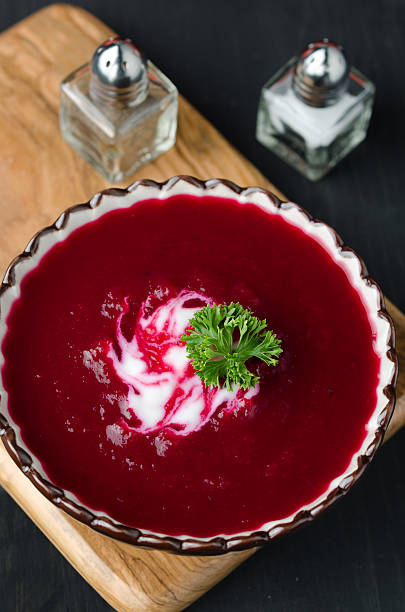 tomato soup with beetroot top view