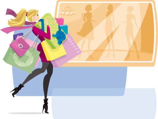 weibliche shopper in der stadt oder kaufsucht - shopping christmas women retail stock-grafiken, -clipart, -cartoons und -symbole