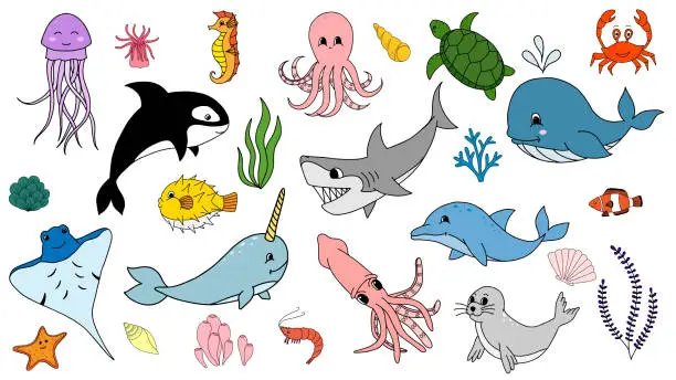 Vector illustration of Fish and wild marine animals are isolated on white background. Inhabitants of the sea world, cute, funny underwater creatures dolphin, shark, ocean crabs, sea turtle, shrimp. Flat cartoon illustration