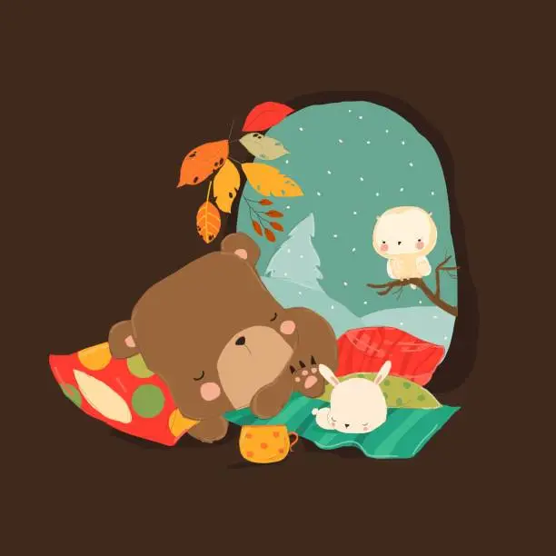 Vector illustration of Cute Bear sleeping with Little Rabbit in Den