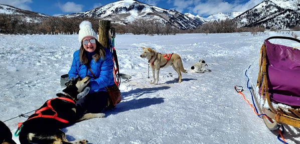 Beautiful backdrop of snow covered mountains in the distance with an attractive female in the foreground attending to her Husky sled dogs, as gearing up for a dogsled run in the wilderness.