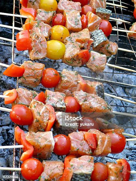 Barbecued Salmon On Grill With Cherry Tomatoes Stock Photo - Download Image Now - Barbecue - Meal, Barbecue Grill, Buffet