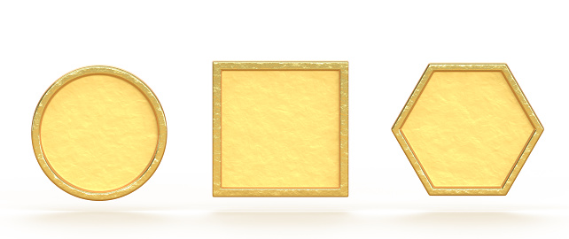 Gold plates, empty golden name plaques, 3d render icons set. Metal tags or badges, round, square and hexagon frames, game ui menu or app graphic elements isolated on white background. 3D illustration