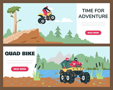 ATV or quad bike banners or flyers bundle with people characters flat cartoon vector illustration. Quad bike races and tours advertising banner or leaflet templates.