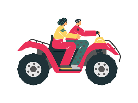 Red Quad bike with people in side view. Four-wheeled motorcycle icon transportation. ATV off-road transport vector flat illustration on white background. Extreme sport and entertainment concept