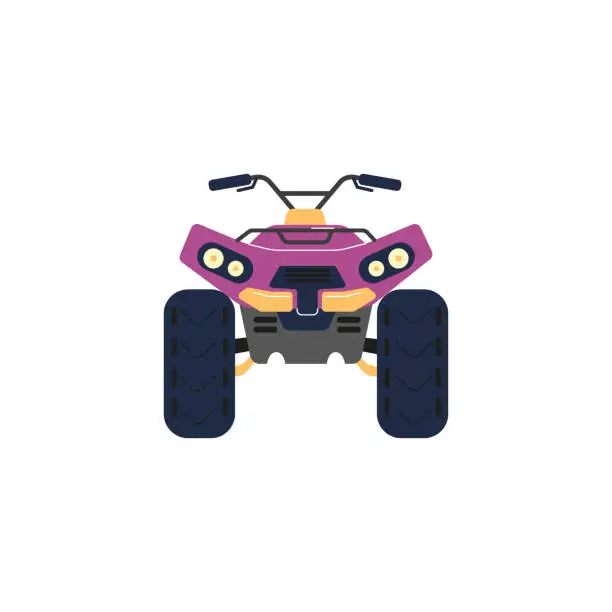 Vector illustration of Purple quad bike in front view, four-wheeled motorcycle transportation, ATV off-road transport vector flat illustration