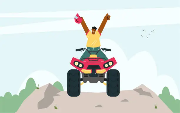 Vector illustration of Red quad bike with black man raised hands, took off helmet off-road driving on the mountain vector cartoon illustration