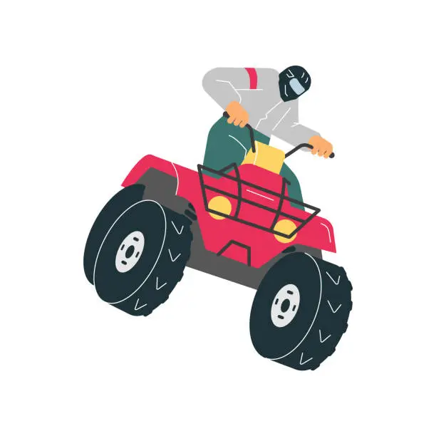 Vector illustration of Red quad bike with man in helmet off-road driving, ATV, extreme sport, outdoor adventure vector cartoon illustration