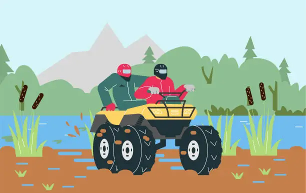 Vector illustration of Quad bike with men in helmet off-road driving in wilderness, swamp landscape, ATV outdoor adventure vector illustration