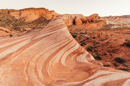 Sunlight creates interesting shapes and details in narrow canyon cut from colorful sandstone of red pink and orange rock.