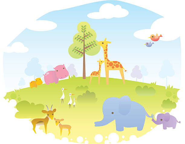 Animals Animals and their baby offsprings in an african safari jungle, living in harmony on a bright, beautful blue-skied day giraffe calf stock illustrations