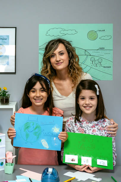 istock Teacher in classroom looking at camera next to students showing colorful ecological drawings 1572340458