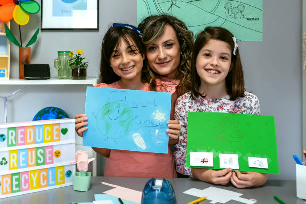 istock Teacher in classroom looking at camera next to students showing colorful ecological drawings 1572340464