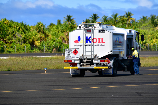 Bonriki, South Tarawa Atoll, Gilbert Islands, Kiribati: Koil jet fuel truck (Jet A-1) - Bonriki International Airport - Kiribati Oil Company Ltd (KOIL) is a fully government owned company. Petroleum products are supplied by Mobil from Fiji with the Koil responsible for the local distribution and sales.
