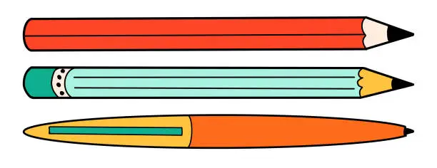 Vector illustration of School pen and pencil cartoon in doodle retro style. Back to school stationery element bold bright. Classic supplies for children education or office work. Fun vector illustration isolated on white.