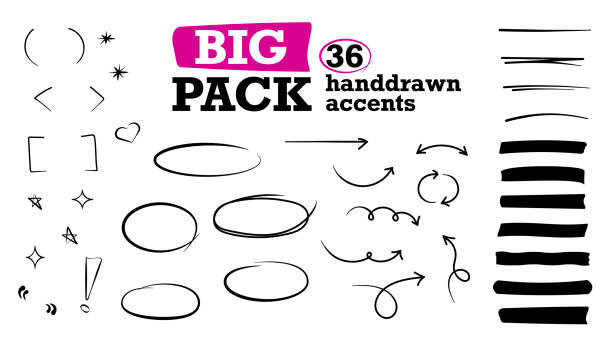 Set of 36 hand drawn accents Hand drawn vector arrows, highlights, underlines, brackets, stars, asterisks and doodles to bring some fun to your artwork. round creative stock illustrations