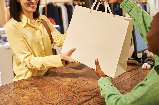 Closeup of young woman holding paper bag to customer in clothing store, copy space