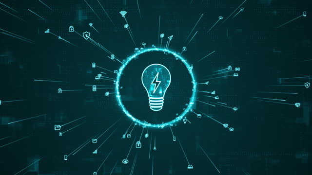 Motion graphic of Blue digital lame logo and ring rotation around logo with ai icon spread and line linked on abstract background with lightbulb and ideas concepts