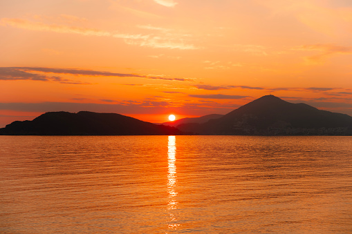 Sunset in Montenegro on the island of Sveti Stefan in Budva