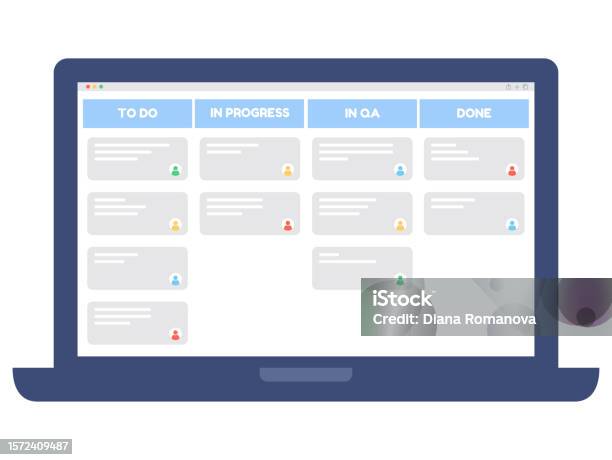 Task Board Progress Cards Kanban Board On Notebook Screen Cards With Tasks On Whiteboard Teamwork ...