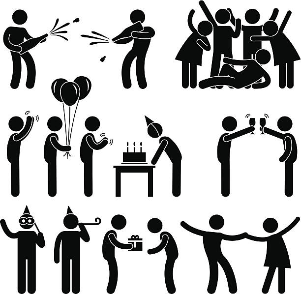 ilustrações, clipart, desenhos animados e ícones de festa de aniversário festa pictogram - men giving balloon women