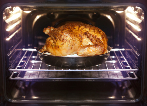 appetizing roast turkey and potatoes in the oven