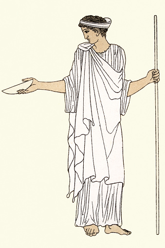 Vintage illustration of Fashions of Ancient Greece, Young Greek wearing talaris tunica, a tunic or robe that extends to the ankles, History of fashion. Auguste Racinet,