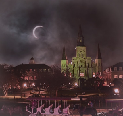 Over view of New Orleans St Louis Cathedral on a foggy night