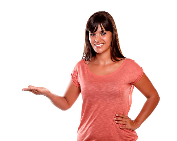 istock Charming smiling young female with the palm upward 157246043