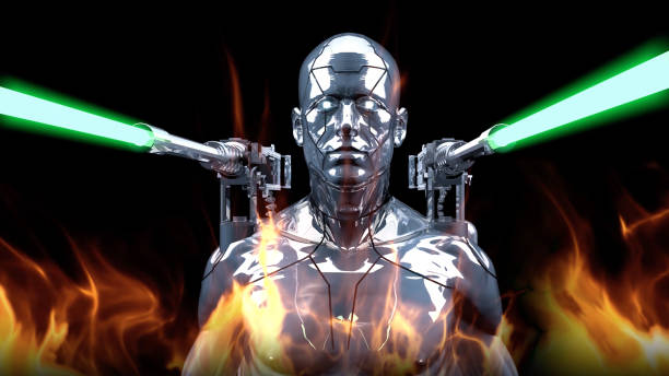 istock Super Robot Soldier Shooting Laser Guns 1572473975
