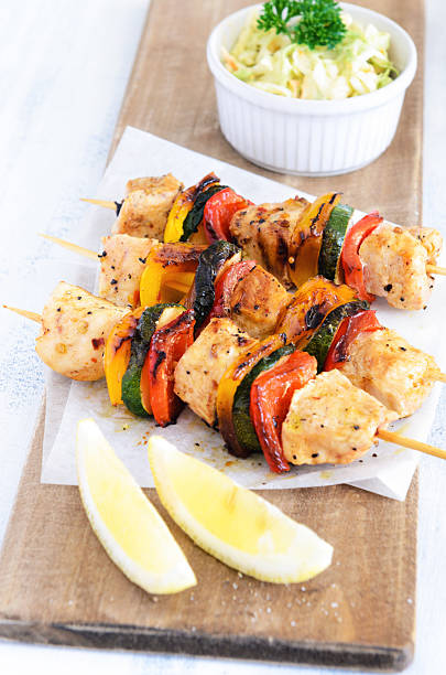 istock Healthy chicken kebabs and coleslaw 157249674
