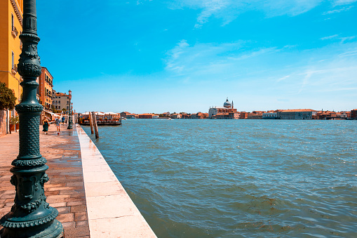 Venice, Italy sea water Grand canal panorama and clear blue sky. Copy space background